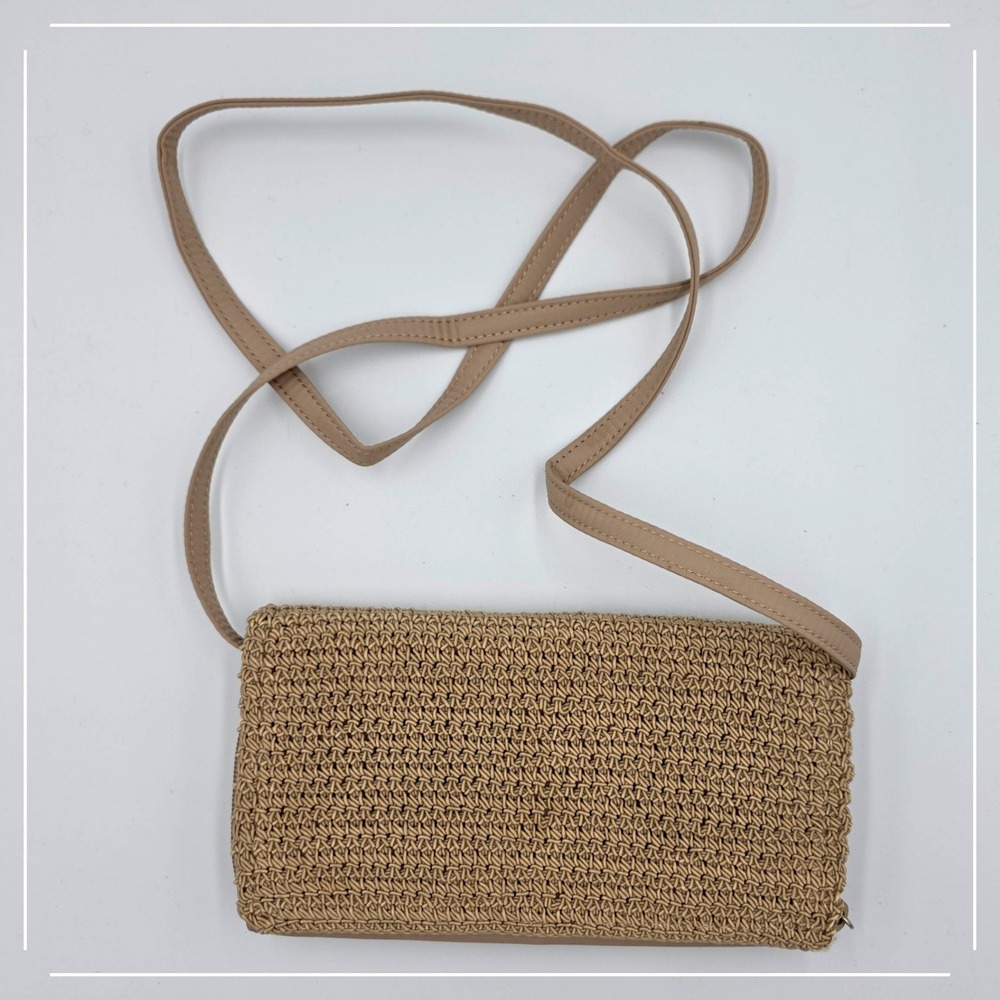 Tan Crochet Knit Crossbody Bag Wallet Organizer Beige Woven Small Shoulder Bag